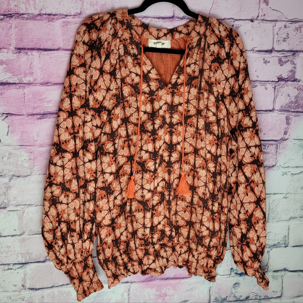 ANTHRO PORRIDGE ELIZABETH PEASANT SMOCKED SLUB COTTON ORANGE TIE DYE TASSEL TOP